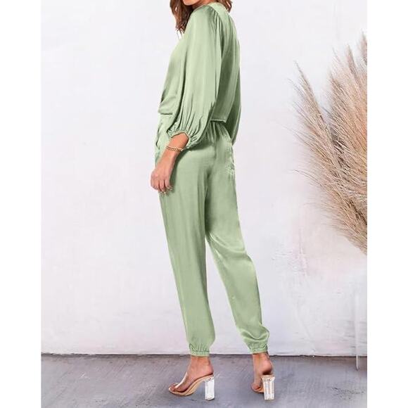 Fashion Satin Outfit Womens XXL Green Long Sleeve Button Top & Jogger Pant Set - Picture 3 of 14